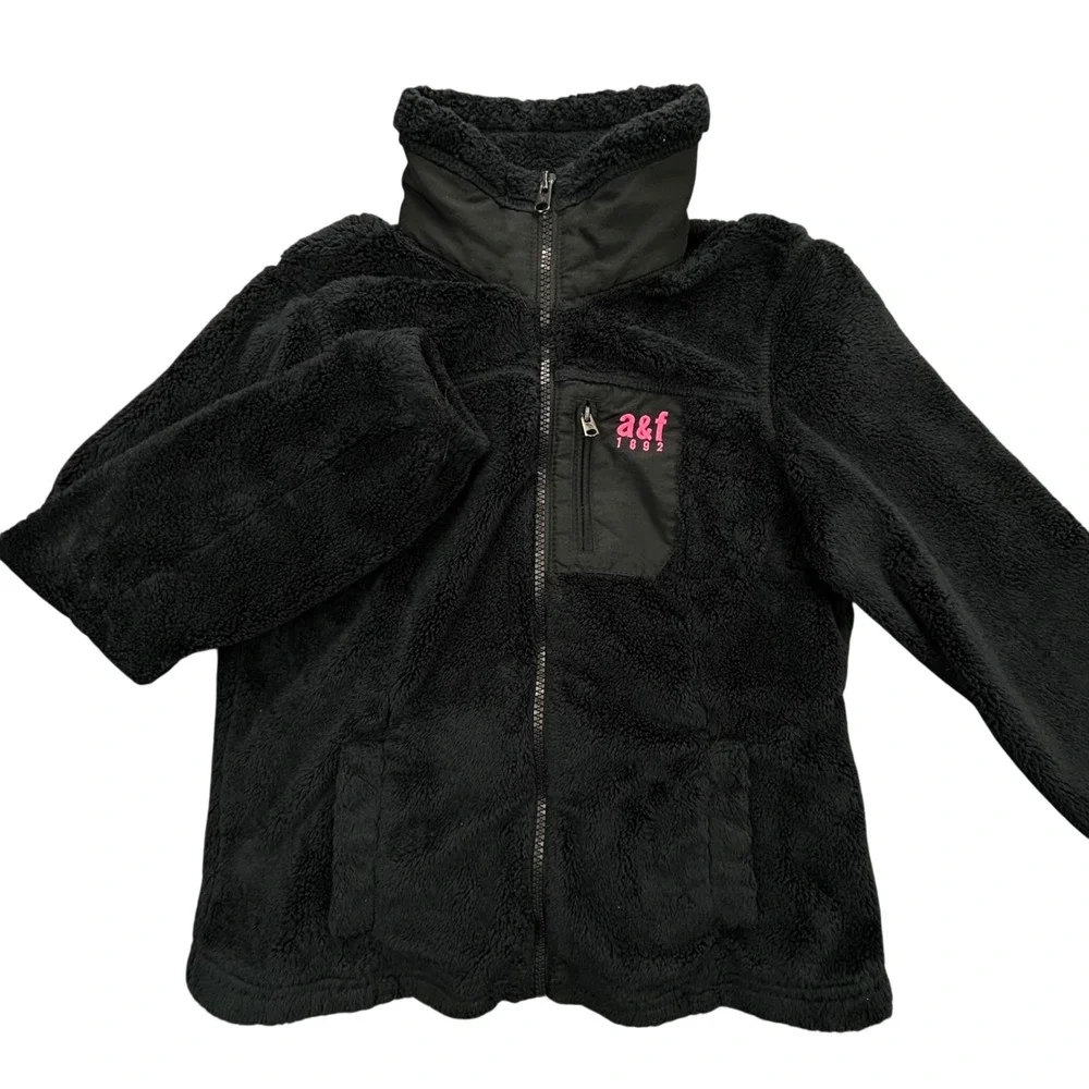 Abercrombie Fleece Jacket Kids M Black Sherpa‎ Full Zip Pink Logo Mock Neck